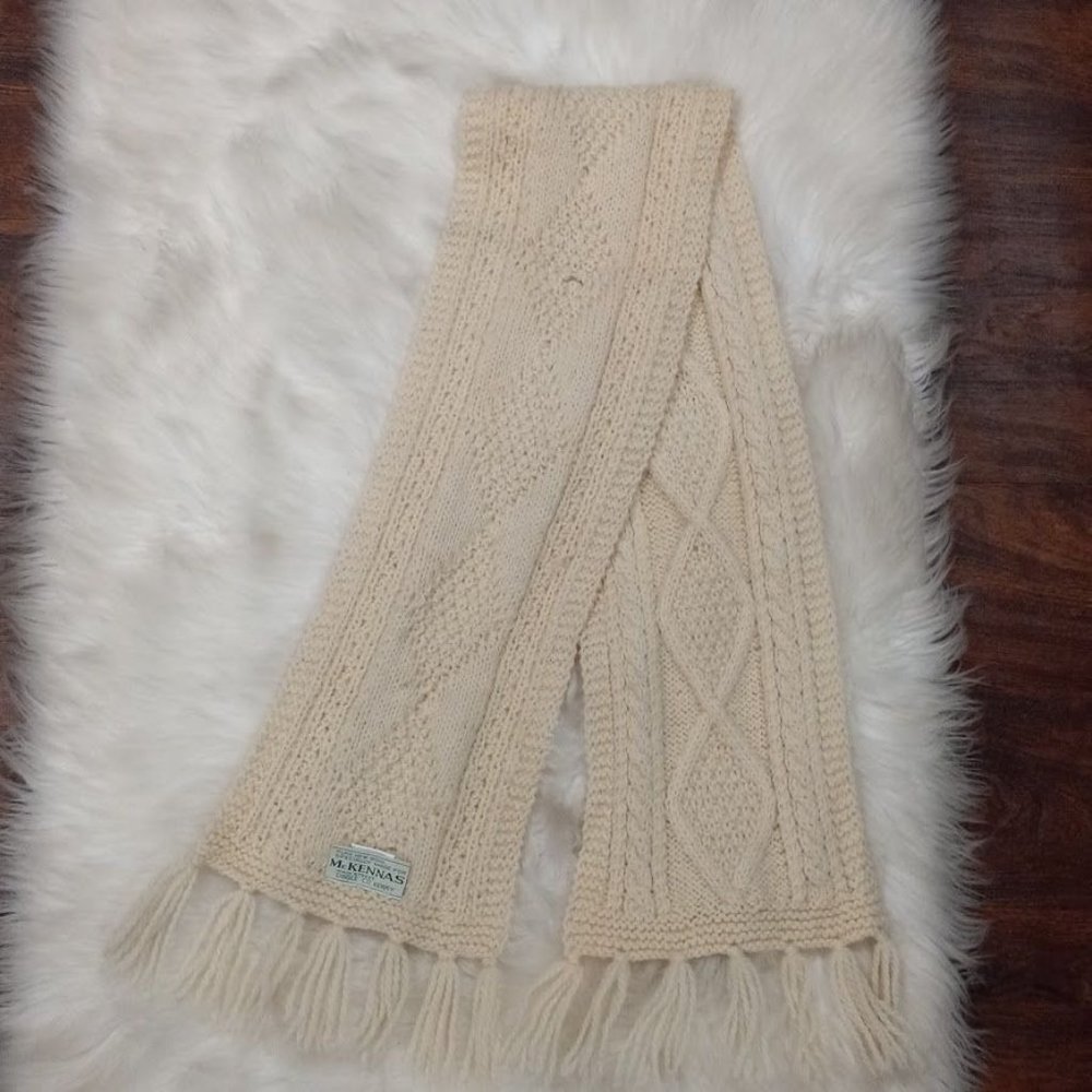 Mc Kennas 100% Pure Merino Wool Knitted Trim Hem Winter Scarf Cream Women's - Picture 3 of 9